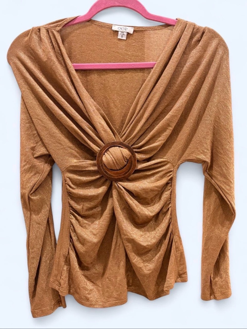Cache Gold Long-Sleeve V-Neck Top with Ring Detail
